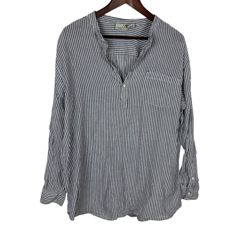 Sahalie Blue White Striped Lightweight Long Sleeve Top Women’s Large 100% Cotton